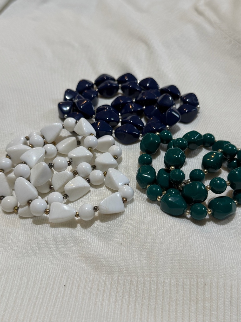 Triple Set: White, Navy and Teal Beaded Stretch Bracelets